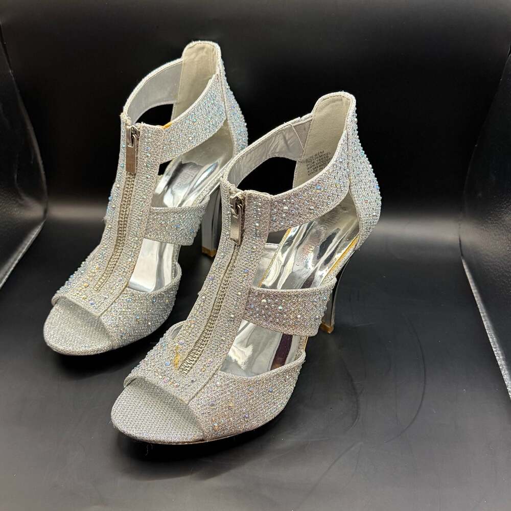 Silver Slipper Mikel Rhinestone Caged Zipper Heels Size 6.5M Sparkly Small Flaw